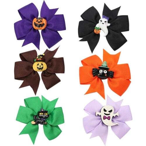 Oaoleer Halloween Hair Clips Cartoon Ghost Spider Pumpkin Colorful Ribbon Hair Bows For Girls Kids Party Hairgrips Accessories