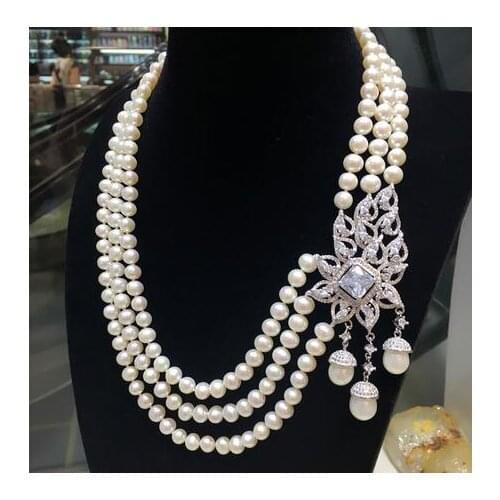 Hand knotted natural 7-8mm white nearl round freshwater pearl temperament micro inlay zircon necklace fashion jewelry