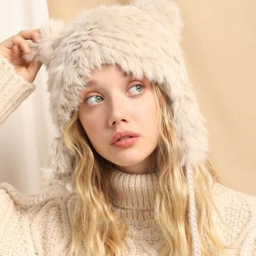 New Ears Rabbit Fur Beanies Hat for Women Autumn Winter Japanese Lady Girl Fashion Warm Cute Knitted Pompom Protect Ears Hat