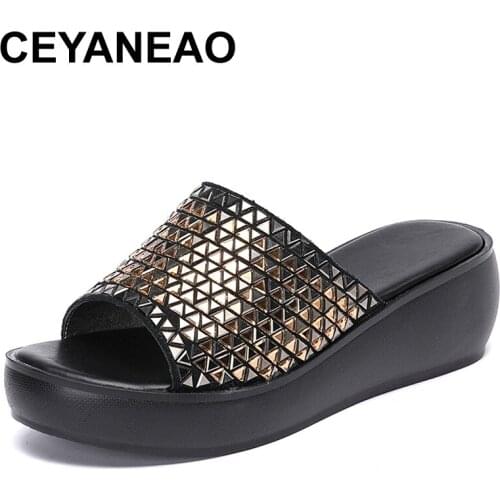 CEYANEAO Genuine leather slippers women shoes 2020 summer platform sandals casual rhinestone wedges slide slippers