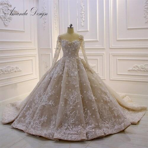 Robe mariee Lace Appliques Handmade Flowers Long Sleeve Champagne Wedding Dress
