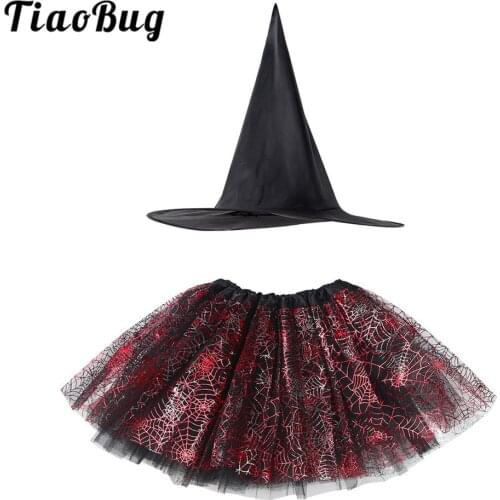 TiaoBug Kids Girls Halloween Carnival Anime Cosplay Party Set Child Witch Costume Spider Web Printed Tutu Skirt with Pointed Hat