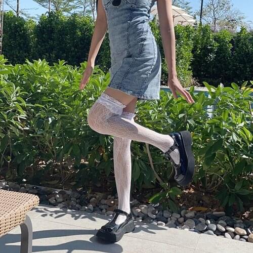 Spring Sexy Lace Stocking Women Harajuku Lolita Over Knee Socks Gothic Thin Thigh High Summer White Basic Long Socks PJ325