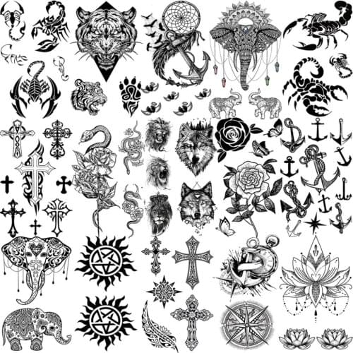 Wolf Tiger Scorpion Elephant Temporary Tattoos For Women Adult Kids Flower Cross Cat Lotus Fake Tattoo Neck Arm Hand Small Tatoo