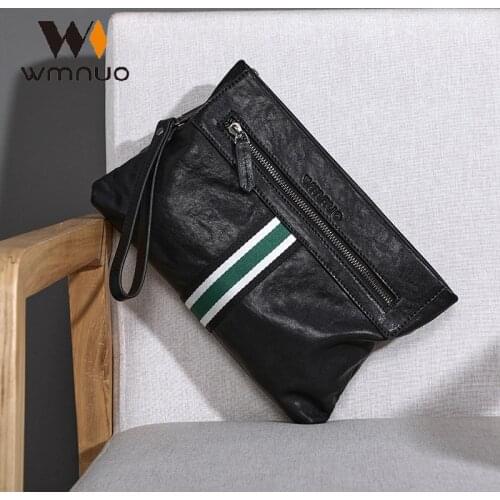 Wmnuo Mens Clutch Bags Cow Real Leather Patchwork Big Soft Hand Bag For Male Korean Wallets Clip Envelope Bag Zipper Black