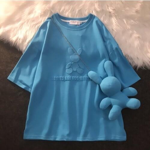 Blue Stylish Loose Women Tshirts Oversized Cute Rabbit Short Sleeve Solid Color Fashion T Shirt Harajuku Female Tops Tees