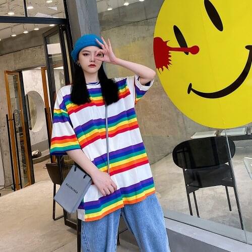 Striped Summer T-shirts Women O-Neck Short Sleeve t shirts Women Colorful Ins Hip Hop tshirt Streetwear Top Tees Oversize 5XL