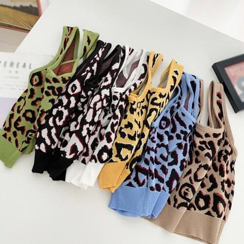 Womens Square Neck Leopard Color Knitted Camisole Vest Summer Womens Tank Top Sleeveless Camis