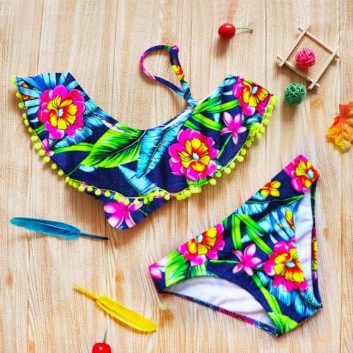 6-12 Years Girl Swimsuit 2022 New Kids Pom Pom Ruffle Girl Bikini Set One Shoulder Girl Bathing Suit Two Piece Children Swimwear