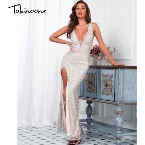 Tobinoone Sexy Deep V Neck Shiny sequin long dress For Ladies Evening Party Dress Vestidos Split Summer Maxi Dresses Women