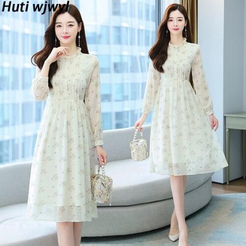 Spring White Floral Chiffon Ruffled Neck Midi Dress Autumn Korean Vintage Casual Beach Dress 2021 Elegant Bodycon Party Vestidos