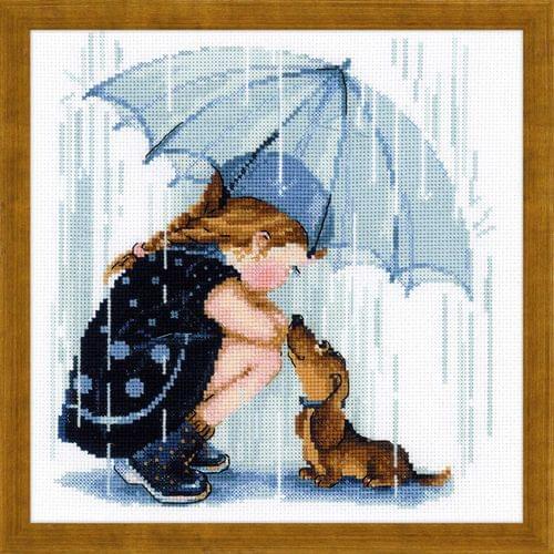 Gold Collection Counted Cross Stitch Kit Girl and Puppy Dog Doggy in Rain Love under the Umbrella