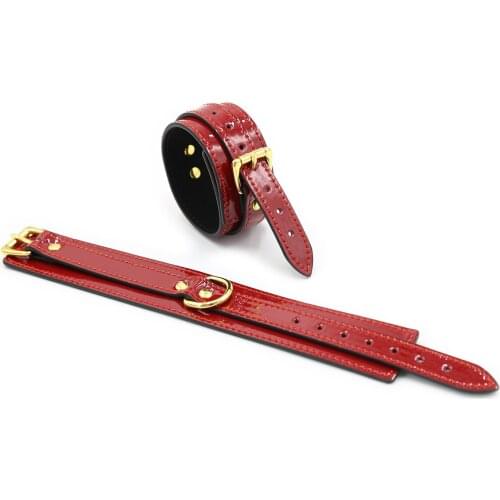 Hand Tied Leather Red Bright Leather Pin Buckle Golden Stud Handcuffs Spanking Adult