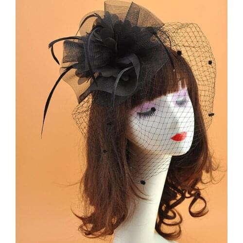 2018 Fashion Flower Hair Clip Black Red Women Feather Fascinator Headpieces Wedding Tea Party Feather Veil Hat Hair Accessories