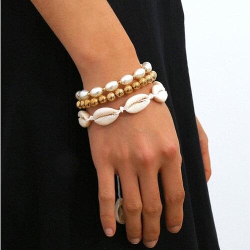 3Pcs Women Faux Pearl Shell Beads Bracelet Bangle Beach Party Wrist Jewelry Bracelet Bangle Beach Party Wrist Jewelry Bracelet B