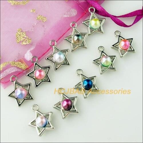 30Pcs Dull Silver Plated Star Colored Acrylic Charms Pendants 14.5x17mm
