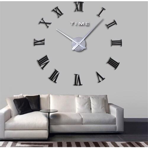 Large DIY Roman Numeral Wall Clock Home Decor 3D Mirrors Acrylic wall mirror clock Stickers Cool Big Timer Silver and Black