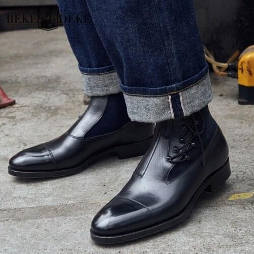 Mens High Top Cowhide Genuine Leather Chelsea Boots Business Man Lace Up Work Safety Shoes Vintage Luxury Motorcycle Ankle Boots