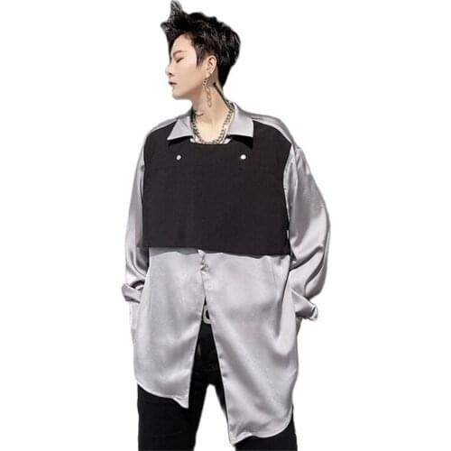 Black Gray Patchwork Silk Shirt Men Casual Fake Two Piece Long Sleeve Shirts Fashion Asymmetric Design Streetwear Blouse