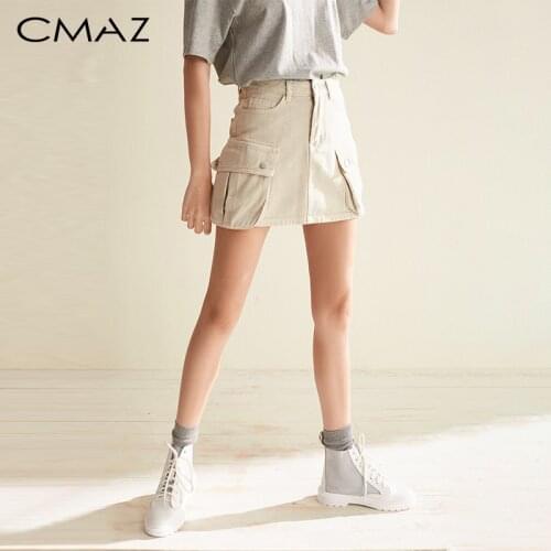 CMAZ Summer Denim Short Skirt Jeans Women High Waist Pockets Button Skirts Female Casual Slim A-line Skirts MX19B1519