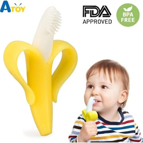 Safe Baby Teether Toys Toddle BPA Free Banana Teething Ring Silicone Chew Dental Care Toothbrush Nursing Beads Gift For Infant