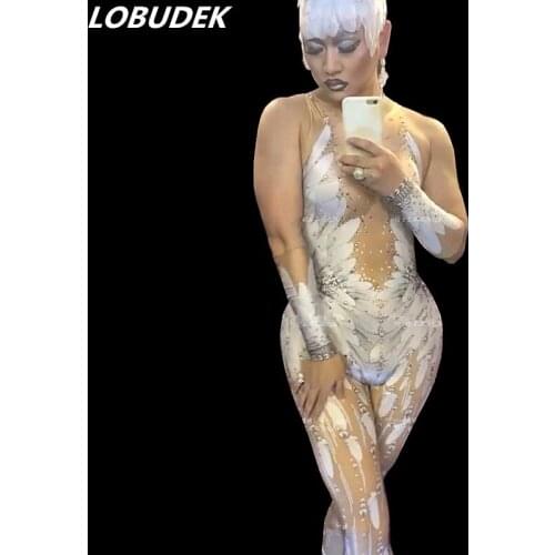 White Feathers Pattern Crystals Elastic Jumpsuit Sexy Skinny Women Stage Dance Outfit Nightclub Bar Party Performance Costume