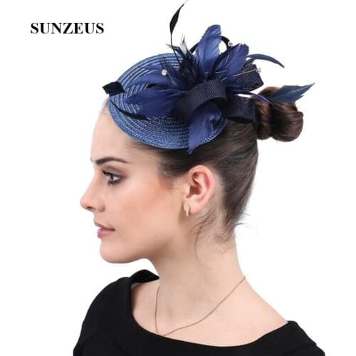 Navy Blue Feathers Elegant Women Hats Handmade Imitation Straw Bridal Wedding Hats with Beaded sombreros para bodas