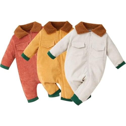 2021 New 0-12M Toddler Infant Baby Boy Girl Autumn Winter Warm Romper Long Sleeve Garment Front Zipper Fur Lapel Collar Jumpsuit