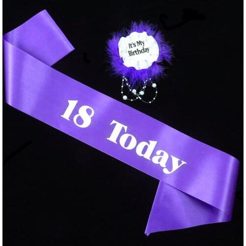 2pcs Its my birthday set Elegant purple satin ribbon sash feather pearl lace brooch adult celebration 18 21 30 40 50 60 today