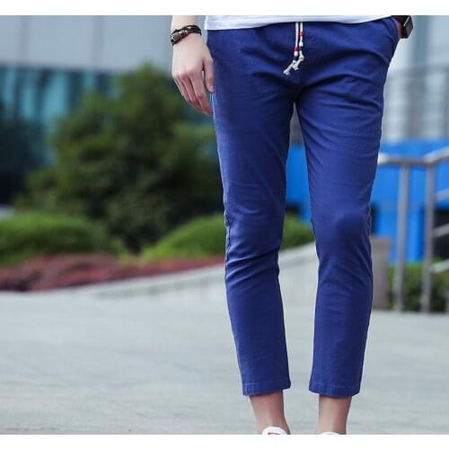 Summer Man Easy Care Crease-resist Stretchy Elastic Linen Cotton Navy Khaki Grey Casual Slim Ankle Length Men Pants