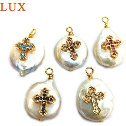 LUX Natural freshwater Pearls Pendant micro cubic zirconia paved cross CZ Pave connector for bracelet necklace DIY Making