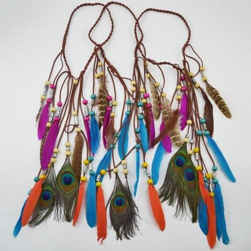 Fashion Colorful Feather Headbands Boho Rope Women Girls Ethnic Resin Beads headwear Hair Accessories