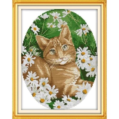 Everlasting Love Cat In The Flowers Chinese Cross Stitch Kits Ecological Cotton Stamped 11CT DIY New Year Decorations For Home