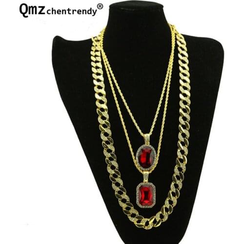 Square Oval Red Stone Pendants Cuban Link Chain 3 Necklaces Set Gold Color Necklace Hip Hop Necklace Men Women Jewelry