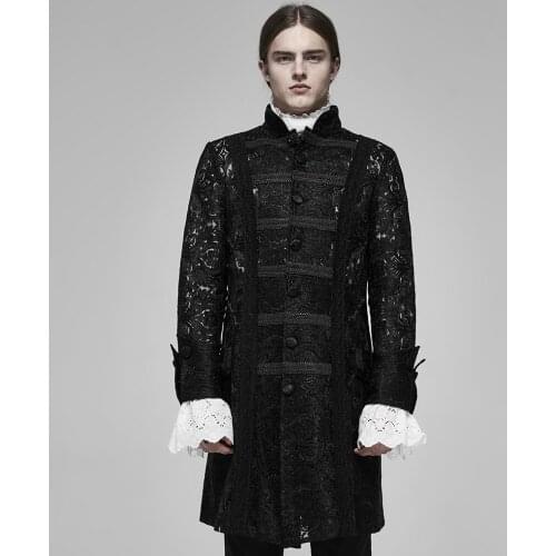 PUNK RAVE Mens Gothic Palace See-through Jacquard Long Coat Retro Pattern Lace Mesh Stand Collar Party Evening Outwear