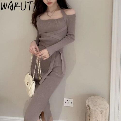 WAKUTA Bodycon Lace Up Design Long Sweater Dresses for Ladies Sexy Off Shoulder Elegant Empire Bandage Dress All Match Vintage