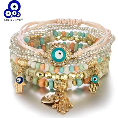 Lucky Eye Heart Fatima Hand Blue Turkish Evil Eye Charm Bracelet Set Adjustable Stone Beads Bracelet for Women Men Jewelry BE92