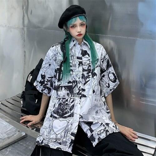 Anime Shirt Blouse Women Men Shirts Punk Tops Japan Ins Sasuke Printed Long-Sleeved Loose Flower Shirt Couple Beach Cardigan