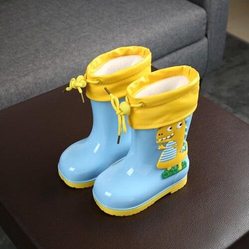 New Rain Boots Kids Girls Cute 3d Dinosaur Printed Childrens Rubber Boots Boys Non-slip Waterproof Shoes With Plush Warm Liner