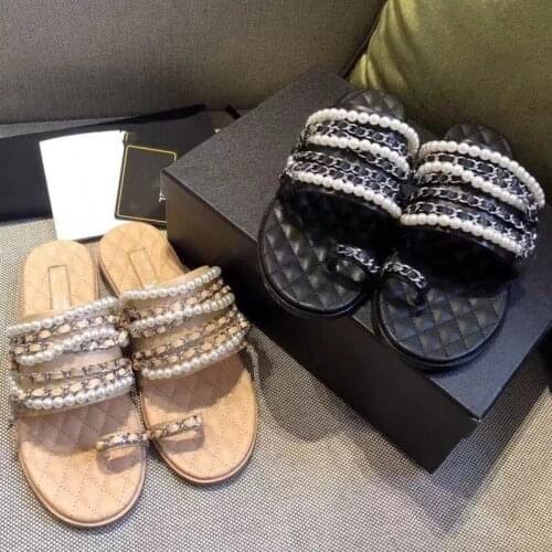 Pearl Chain Slippers Women Genuine Leather Slides Flats Summer Beach Slides Flip Flops Chic Luxury Brand New Design Woman Shoes