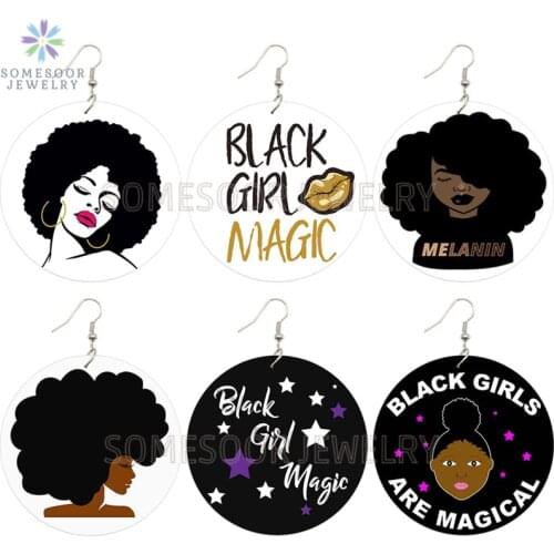 SOMESOOR Afro Melanin Girl Magic Printed Wooden Drop Earrings African Natural Hair Hoops Design Jewelry For Black Women Gifts