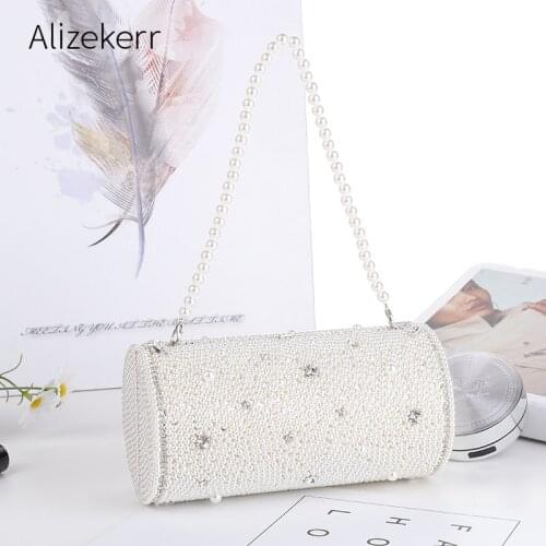 Pearls Barrel Shaped Evening Clutch Bag Women New Elegant Hollow Out Round Rhinestone Bucket Purse Ladies Handmade Small Handbag