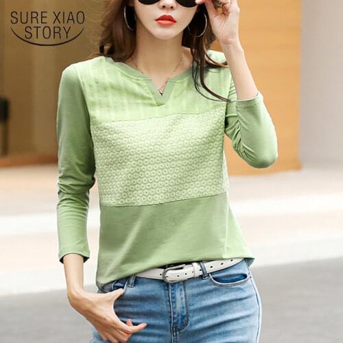 Spring Spliced Lace T-shirt Women V-neck Plus Size Autumn Loose Women Long Sleeve T-shirt Female Lace Tees Tops Ladies Tshirt