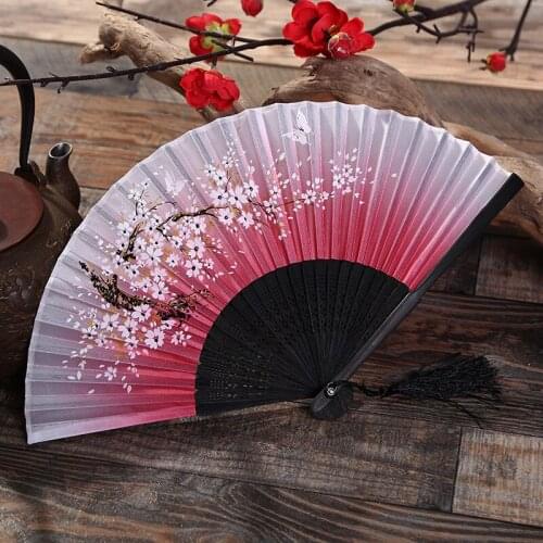 Women Folding Fans Cherry Blossoms Bamboo Hand Fan Silk Fan Tabletop Decor Arts And Crafts W9225