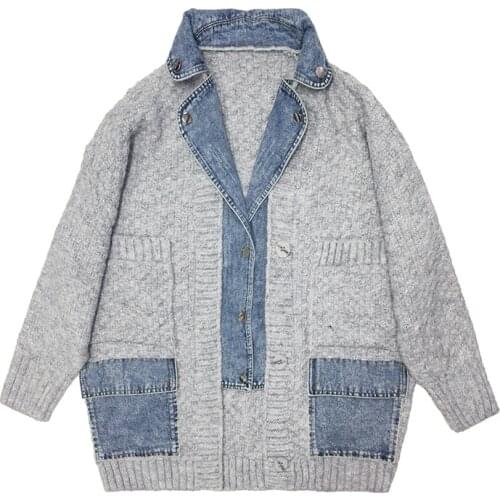 2020 Autumn Winter New Stitching Denim Sweater Cardigan Women Fashion Pockets Loose Long Fake Two Piece Knitted Coat