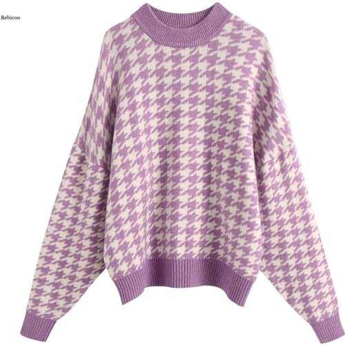 Women Houndstooth Knitting Loose Sweater Casual Femme O-Neck Long Sleeve Pullover High Street Lady Tops