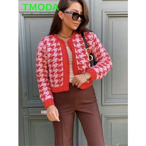 TMODA2039 Za 2021 Autumn Winter Women Fashion Red Houndstooth Sweater Cardigan Jacket Female Chic Long Sleeve Knit Cropped Tops