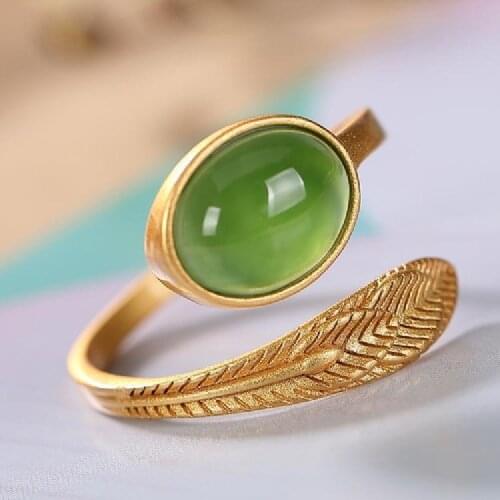 Natural Jasper Feathers Sterling Silver Gold-Plated Womens Ring Exquisite Fashion Jade Open Gold Ring