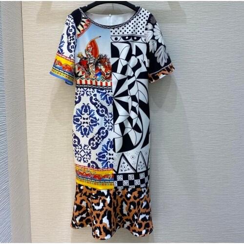 Runway 2021 Summer o-neck short flare sleeve color block leopard printed Dress Womens knee-length elegant Dresses Vestdios y460