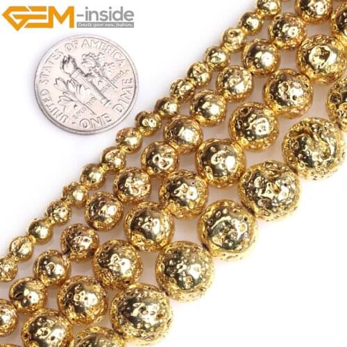 Gold Color Rose Gold Color Metallic Coated Round Volcanic Rock Stone Loose Beads For Jewelry Making Strand 15" Wholesale